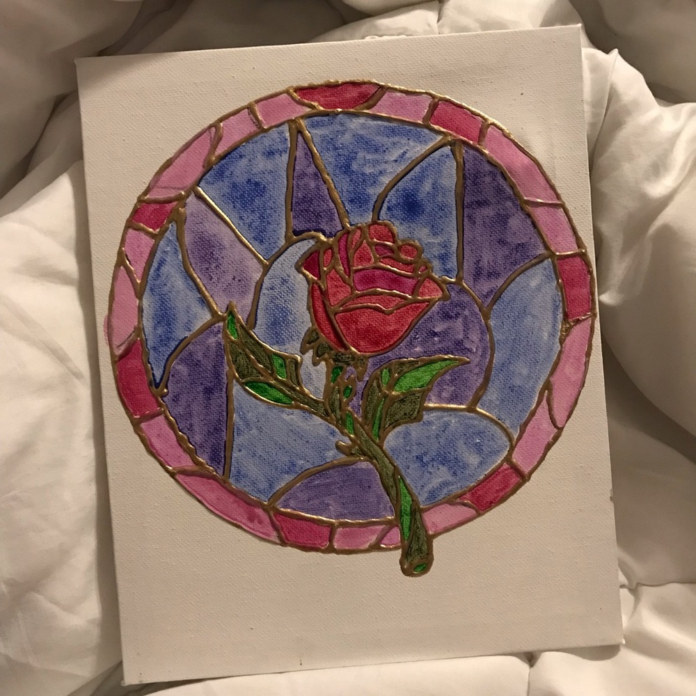 Beauty and the Beast Enchanted Rose stained glass style painting
